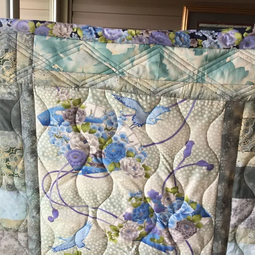 NWT Hand Crafted Quilt in Oriental Prints of Blues and Aquas With Cranes